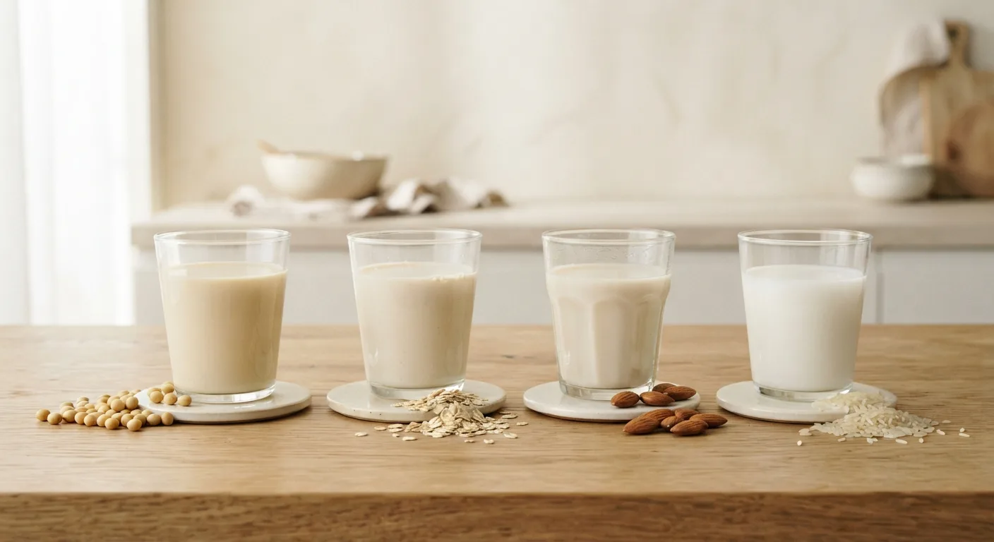 Quatre verres alignés contenant des boissons végétales de couleurs différentes, soja, avoine, amande et riz