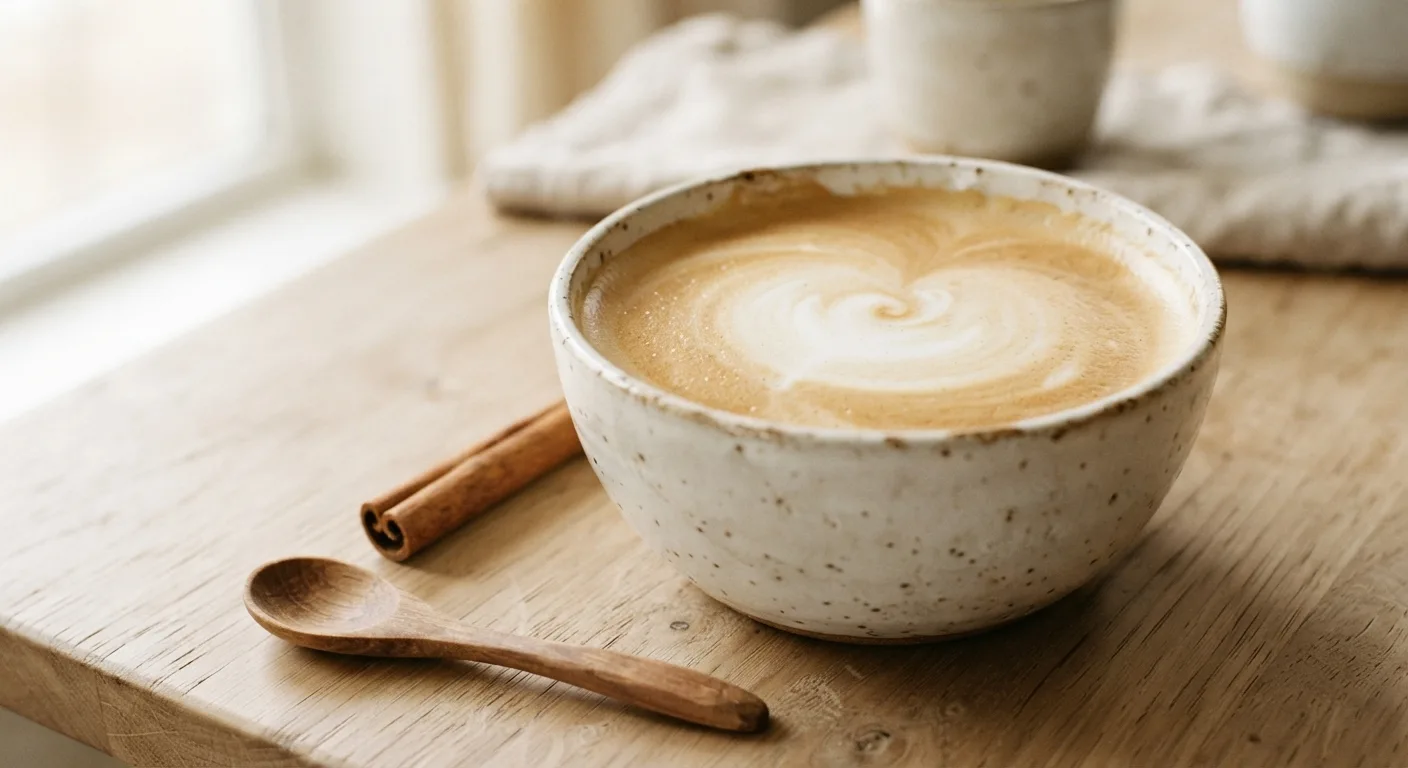 Café au lait préparé à la maison dans un grand bol, à côté d'un bâton de cannelle