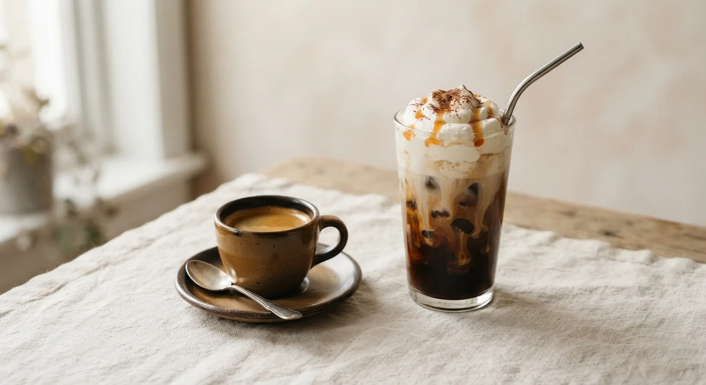 Un expresso sans sucre posé à côté d'une grande boisson glacée au café surmontée de sirop et de crème