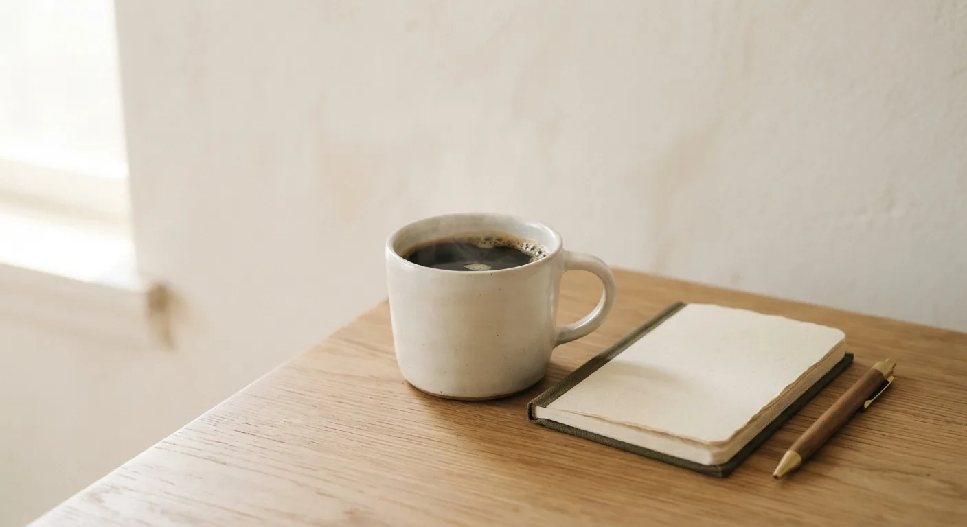 Tasse de café noir sans sucre posée sur une table en bois à côté d'un carnet fermé