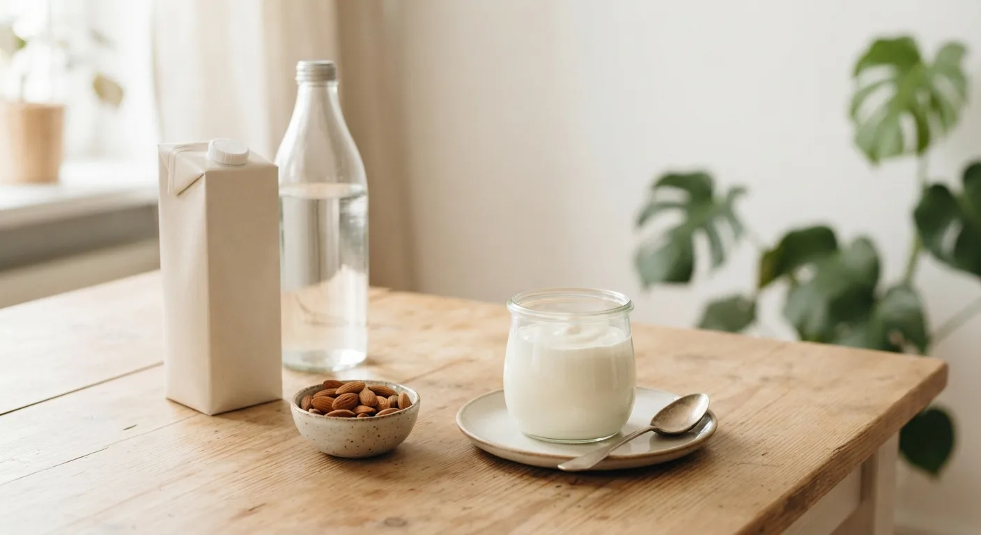 Une table de petit-déjeuner avec un yaourt nature, une poignée d'amandes, une brique de boisson végétale et une bouteille d'eau minérale