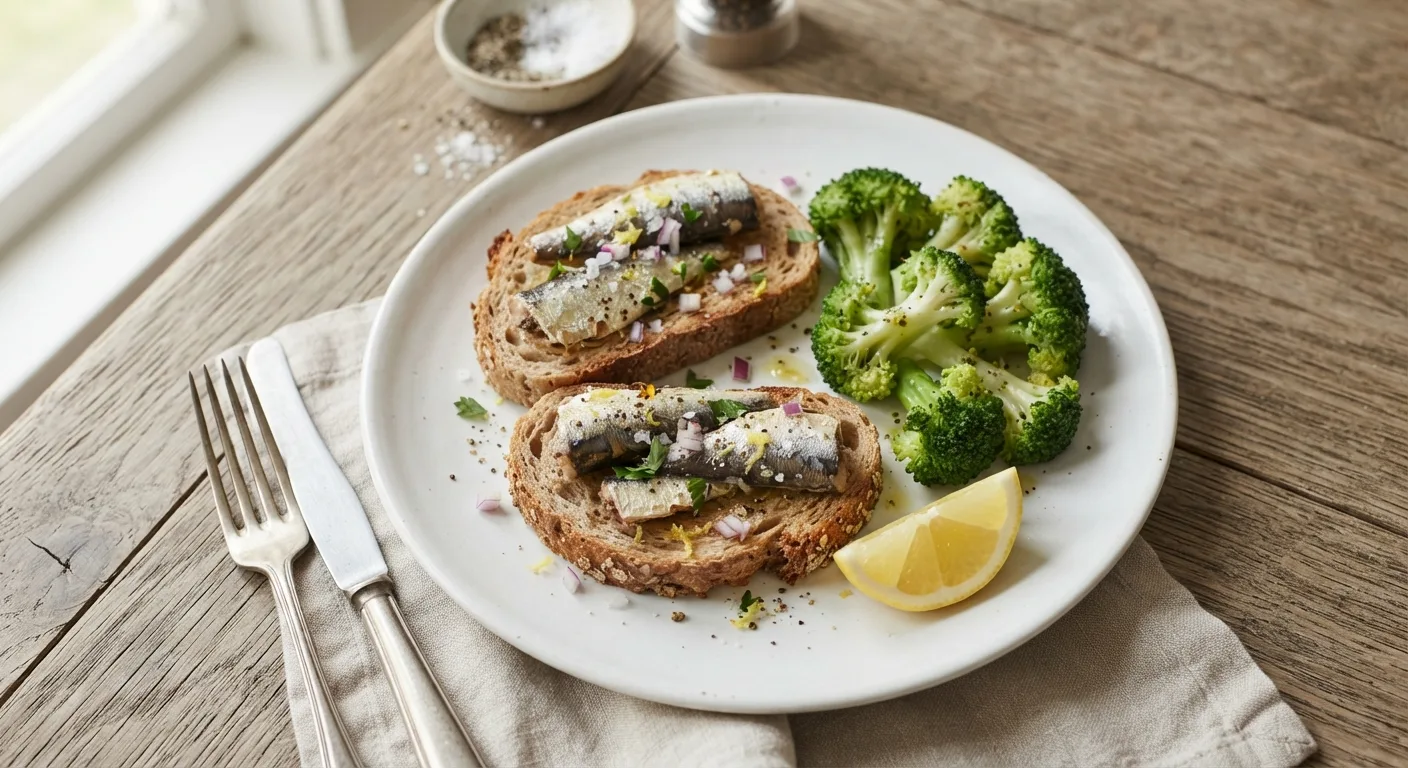 Une assiette de sardines sur pain complet accompagnée de brocoli vapeur