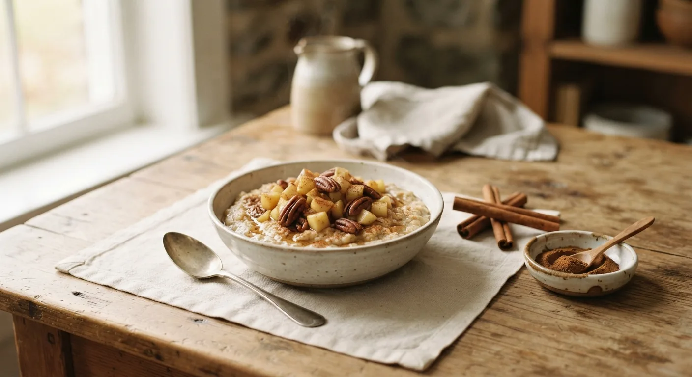 Des bâtons et de la poudre de cannelle à côté d'un bol de porridge aux pommes