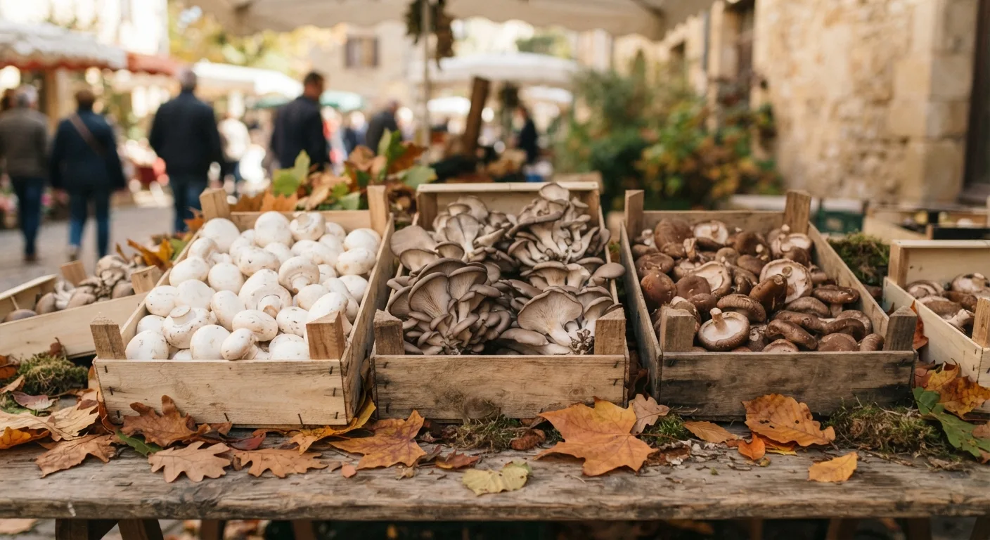 Des champignons de Paris, des pleurotes et des shiitakés sur un étal de marché en automne