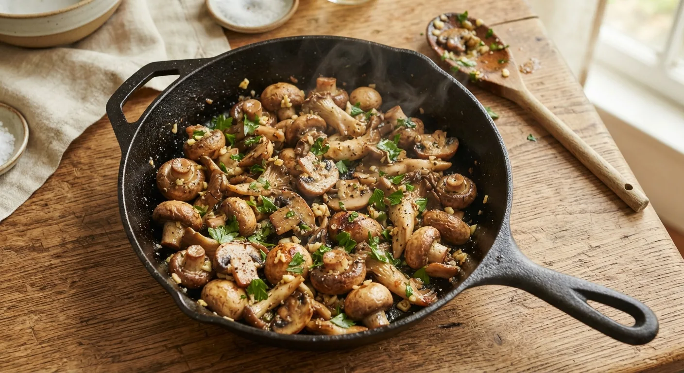 Une poêlée de champignons dorés à l'ail et au persil dans une poêle, vue de dessus