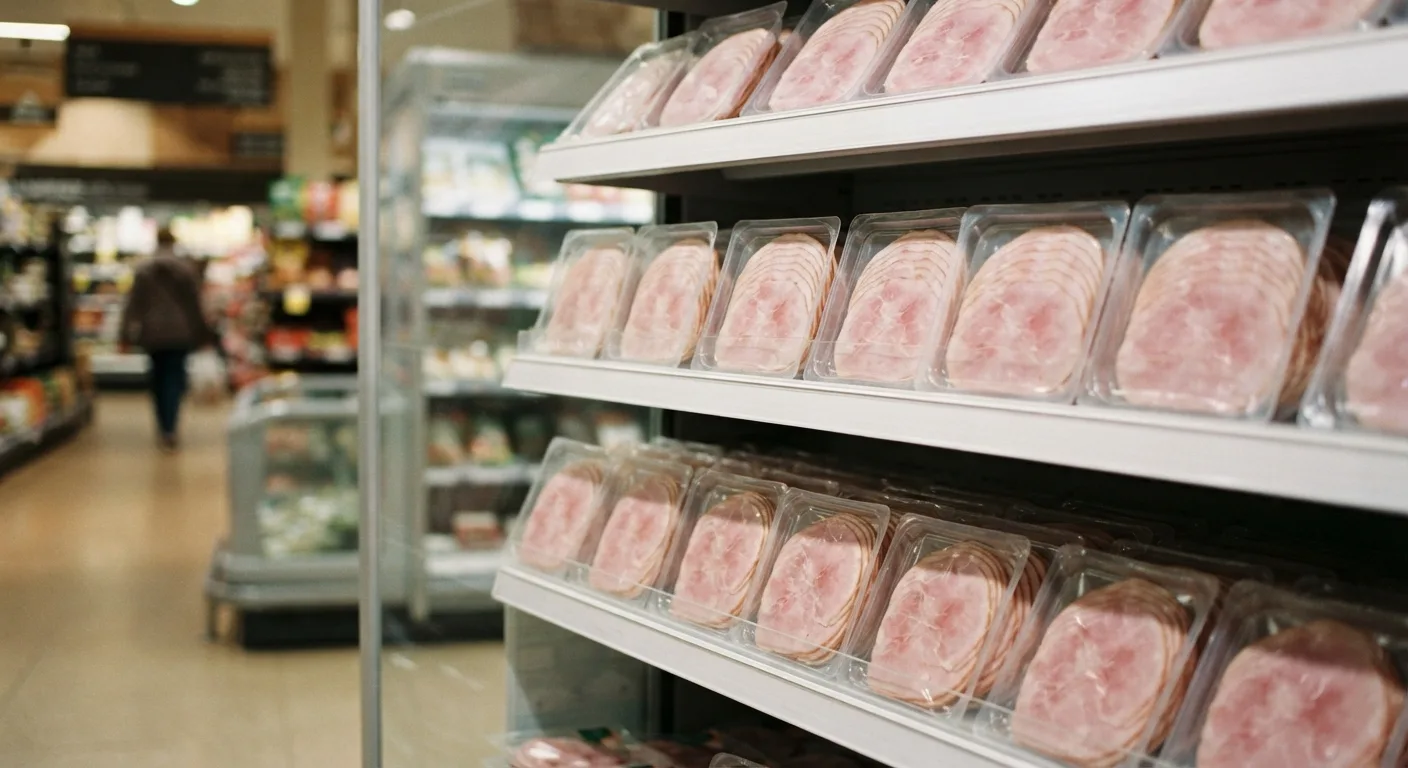 Un rayon libre-service de jambons en supermarché présentant côte à côte des barquettes classiques et des barquettes sans nitrites ajoutés