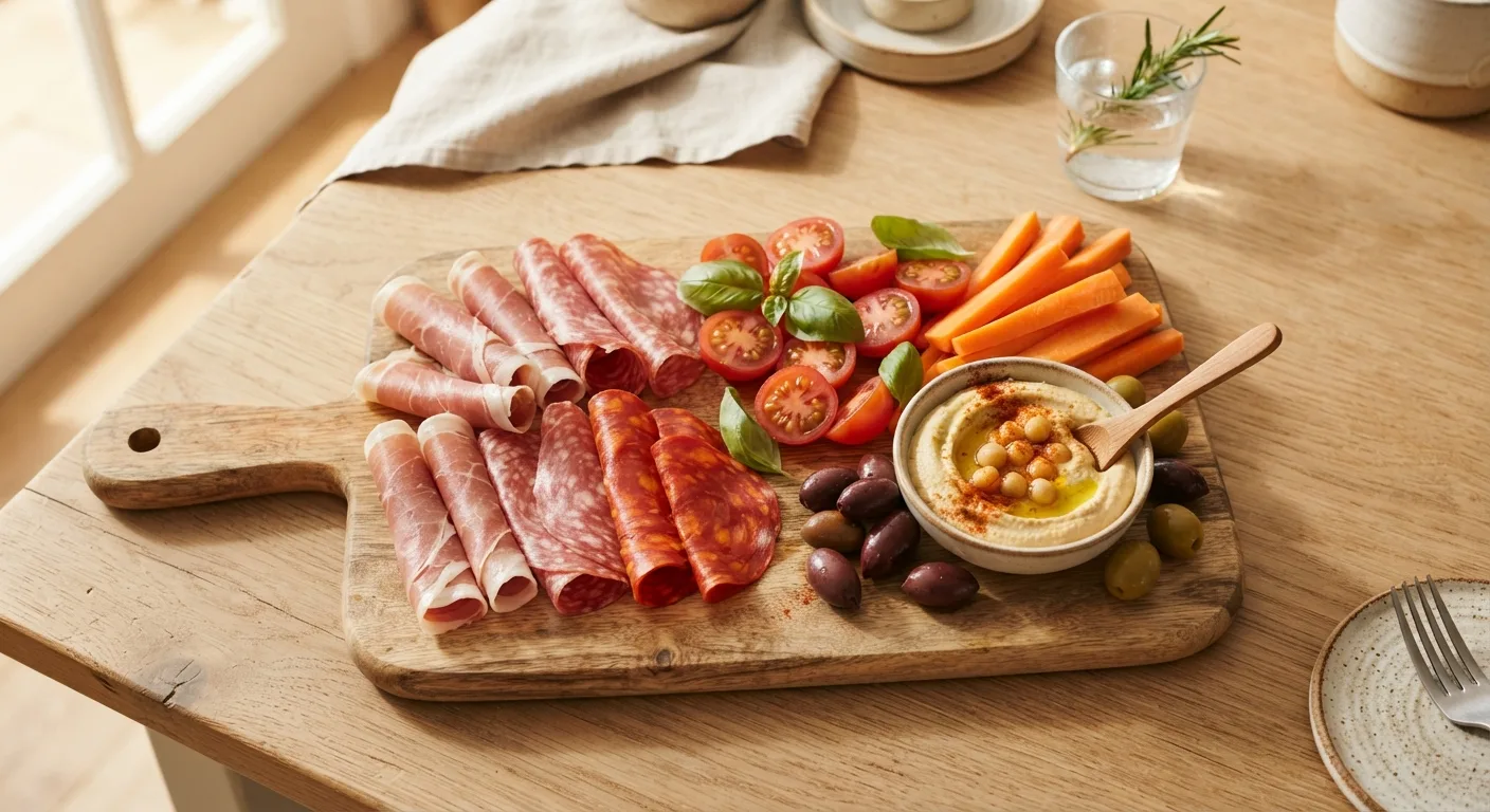 Une planche apéritive associant quelques tranches de charcuterie à des tomates cerises, des bâtonnets de carotte, du houmous et des olives
