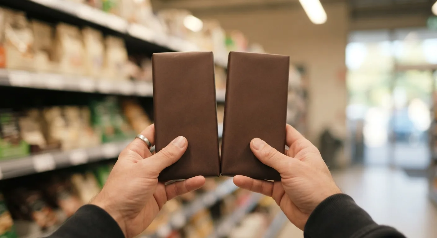 Deux tablettes de chocolat noir tenues côte à côte devant un rayon de supermarché