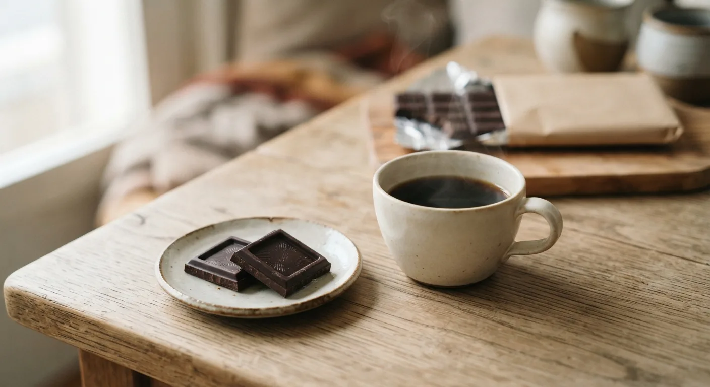 Deux carrés de chocolat noir posés à côté d'une tasse de café sur une table en bois