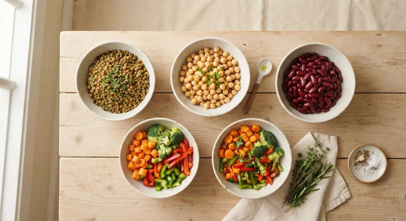 Bols de lentilles, de pois chiches et de légumes colorés disposés sur une table de cuisine