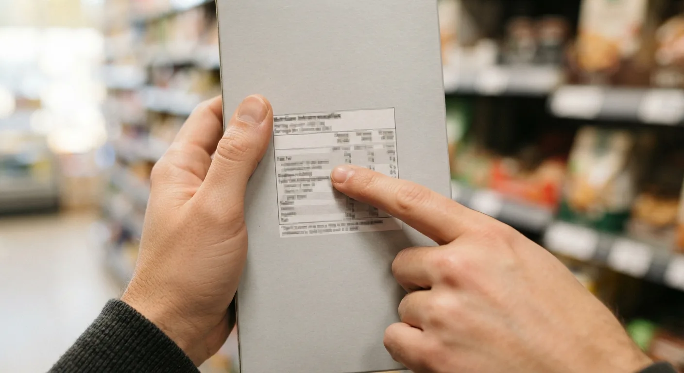 Gros plan sur le dos d'un emballage alimentaire tenu en main, avec un doigt qui pointe une ligne du tableau nutritionnel