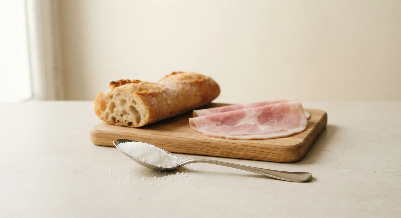 Une cuillère à café remplie de sel posée sur un plan de travail à côté d'une baguette et de tranches de charcuterie