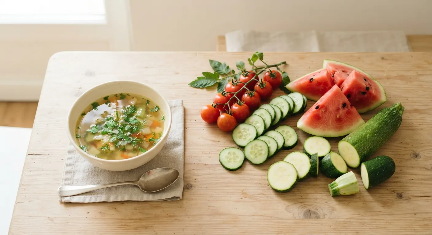 Assortiment d'aliments riches en eau, concombre, tomates, pastèque, courgettes et bol de soupe