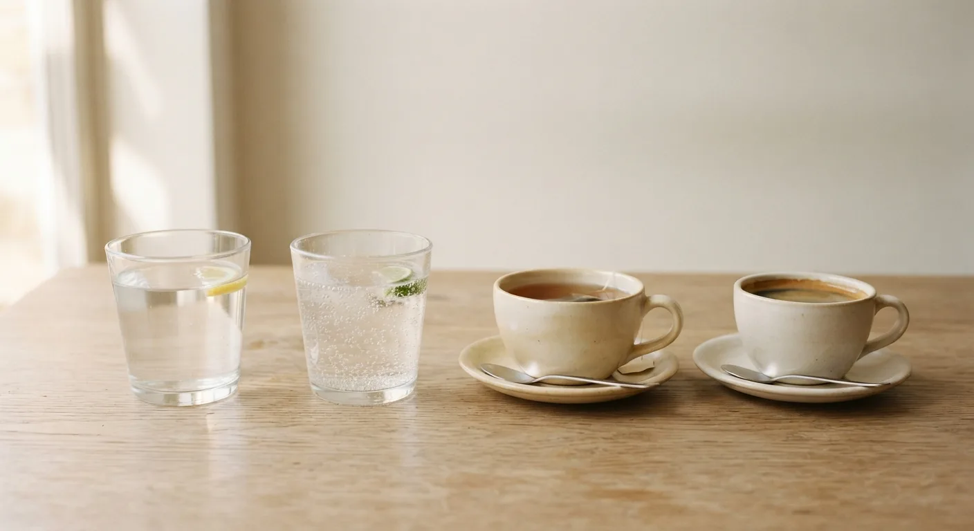 Un verre d'eau plate, un verre d'eau gazeuse, une tasse de thé et une tasse de café alignés sur une table