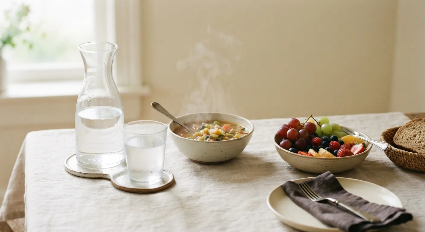 Une carafe d'eau et un verre posés sur une table de repas, à côté de fruits frais et d'un bol de soupe