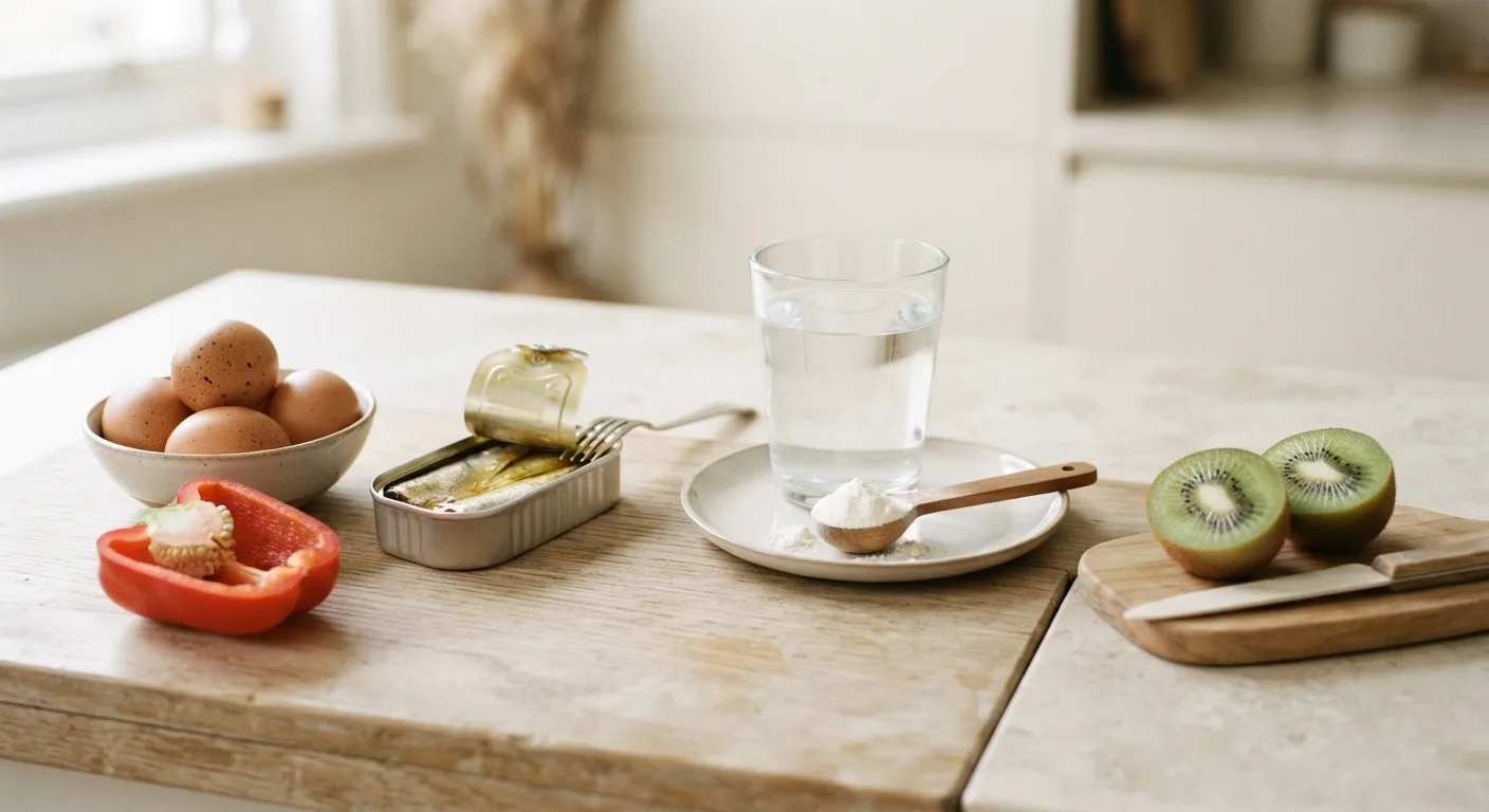 Une dose de poudre de collagène versée dans un verre, à côté d'œufs, de sardines, d'un kiwi et d'un poivron