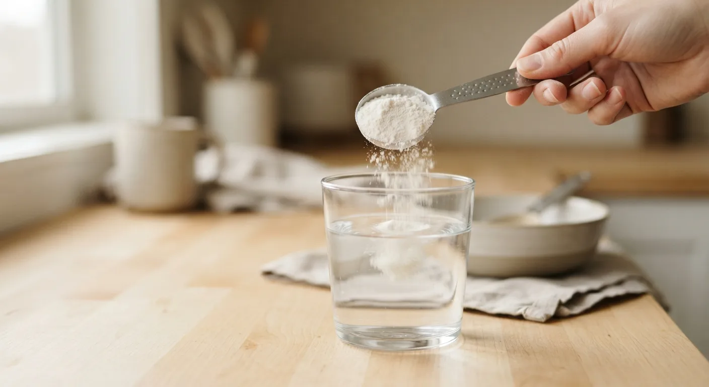 Une cuillère doseuse de poudre de collagène au-dessus d'un verre d'eau sur un plan de travail