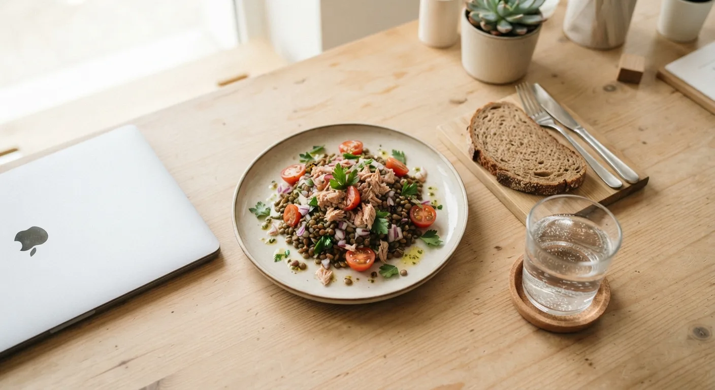 Une assiette de salade de lentilles au thon et tomates avec du pain complet, posée sur un bureau à côté d'un ordinateur portable