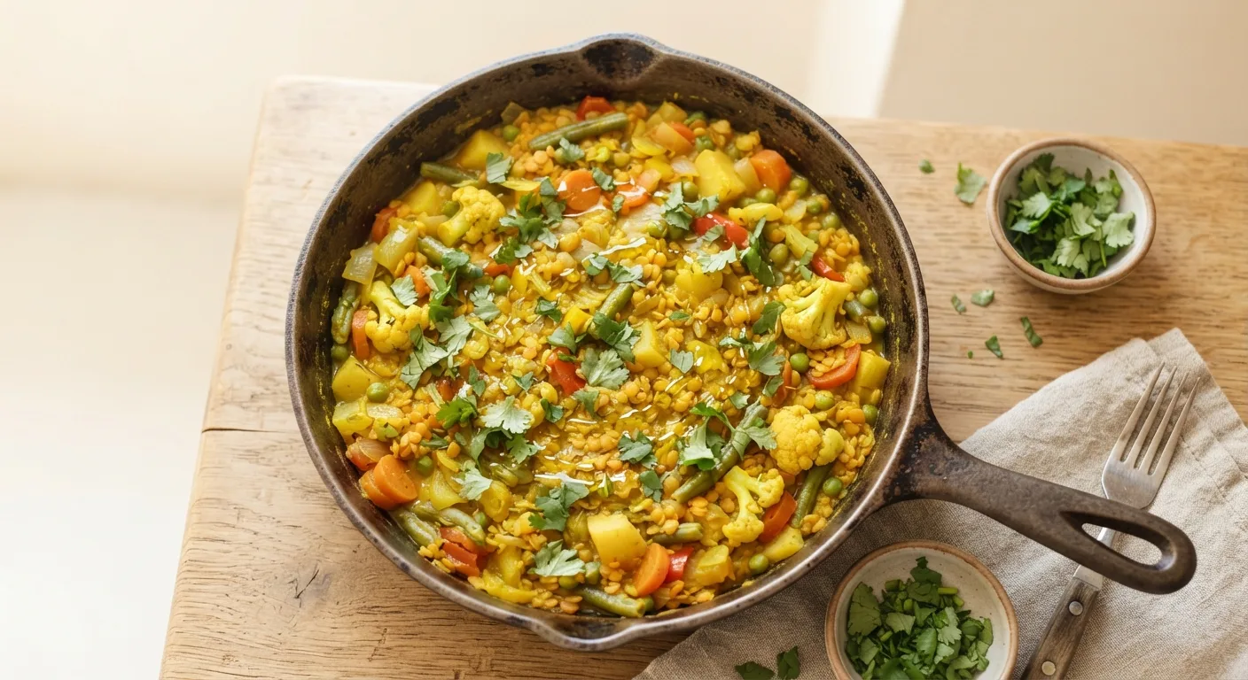 Poêlée de légumes et de lentilles relevée au curcuma, avec un filet d'huile d'olive
