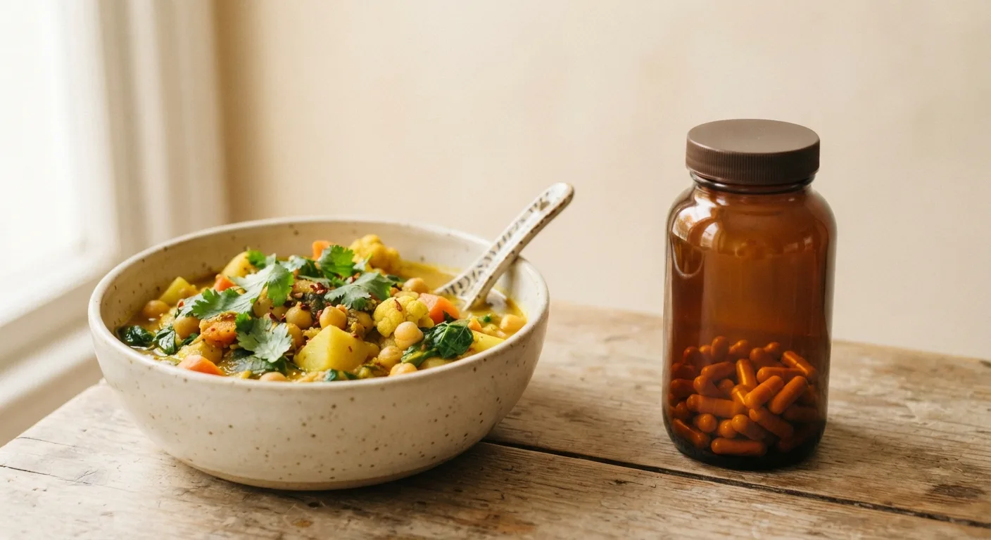 Un curry de légumes au curcuma posé à côté d'un flacon de gélules de curcumine concentrée