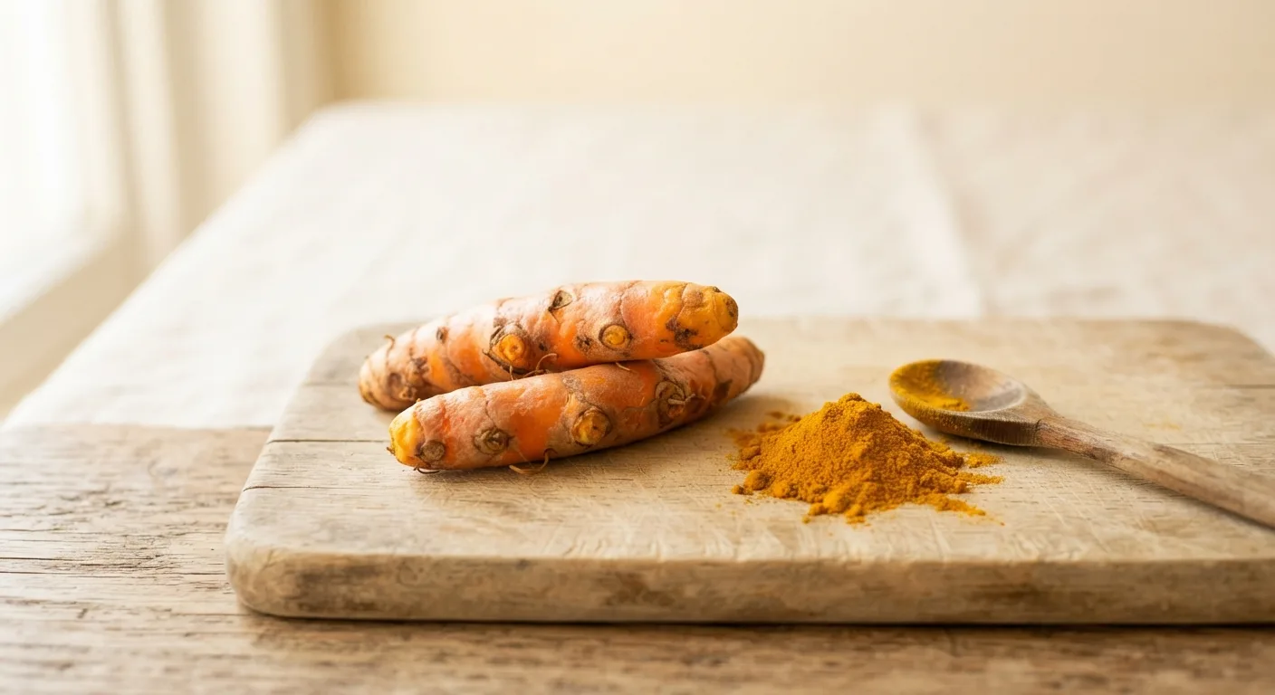 Racine et poudre de curcuma posées sur une planche en bois à côté d'une cuillère