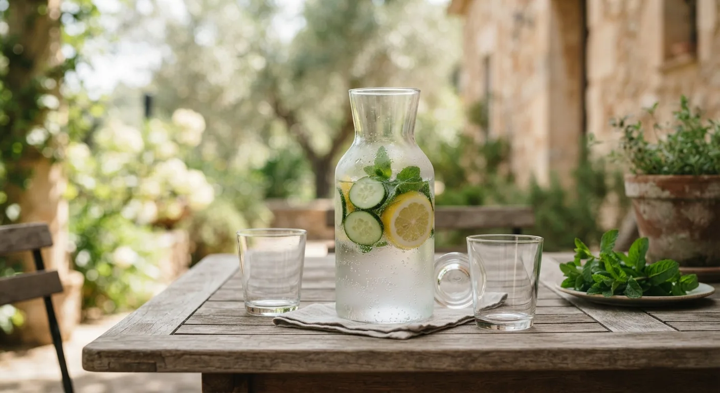 Une carafe d'eau pétillante aromatisée maison avec des rondelles de concombre et de la menthe