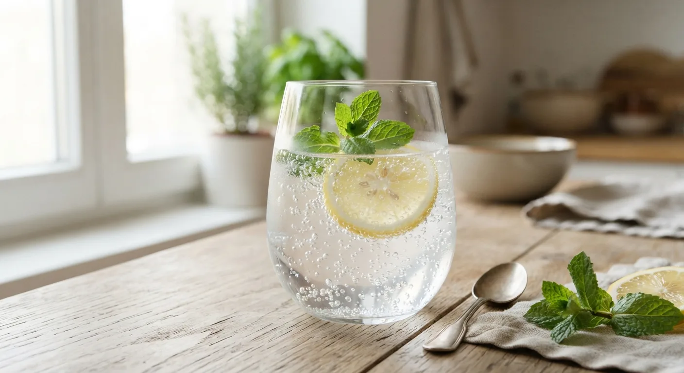 Un verre d'eau pétillante avec une rondelle de citron posé sur une table de cuisine