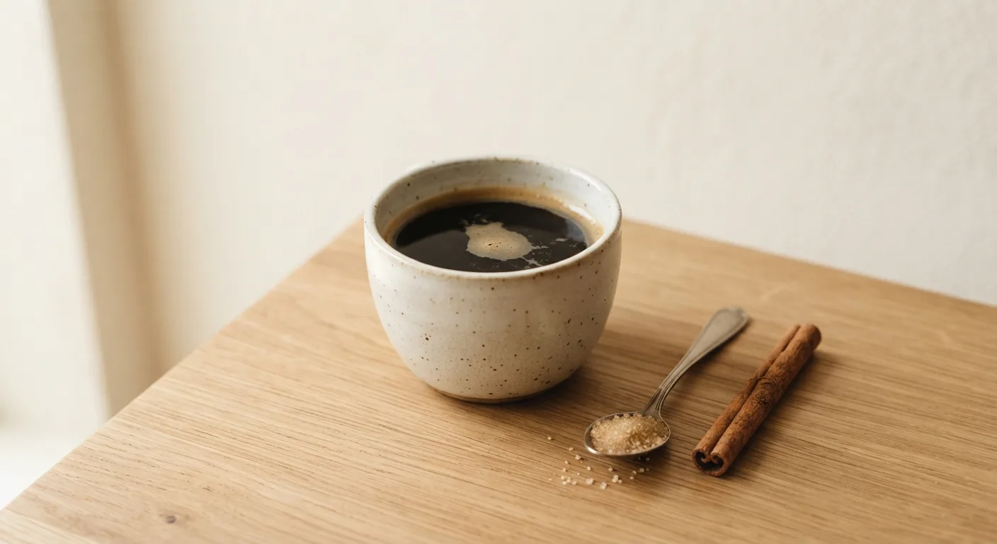 Tasse de café accompagnée d'une petite cuillère de sucre et d'un bâton de cannelle