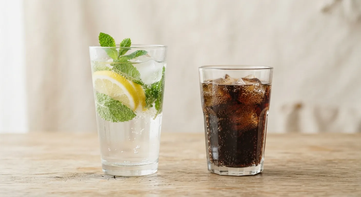 Un verre d'eau aromatisée au citron et à la menthe posé à côté d'un verre de soda