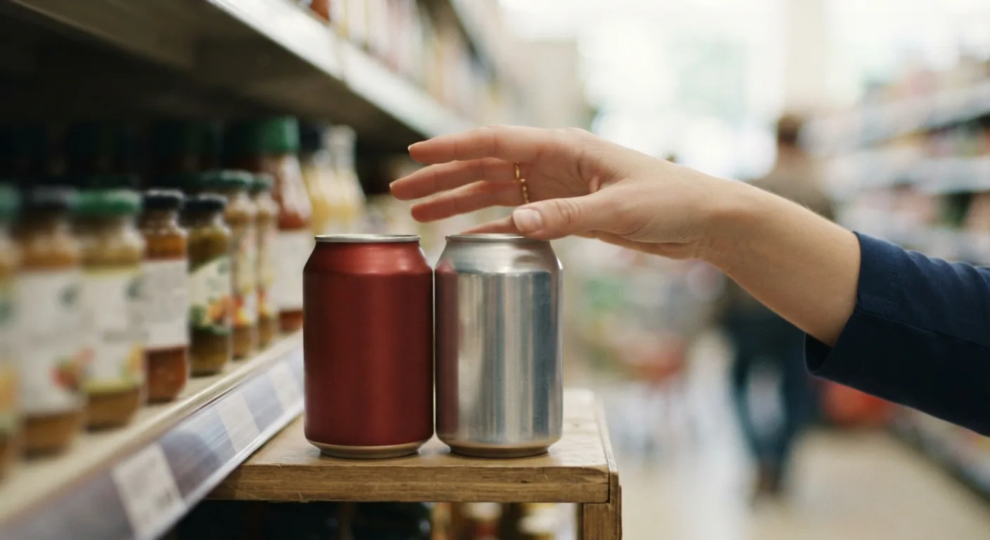 Une main hésite entre une canette de soda classique et une canette de soda zéro dans un rayon de supermarché