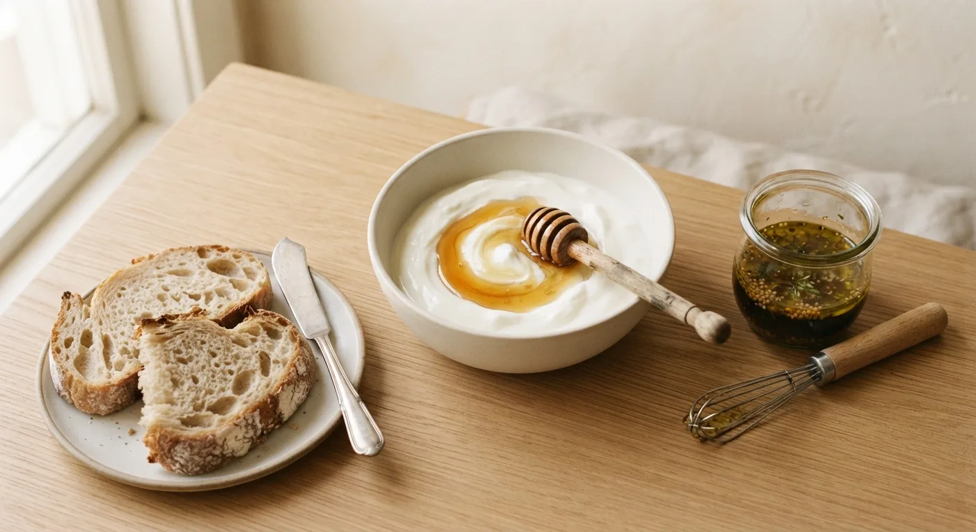 Un yaourt nature, du pain de boulangerie et une vinaigrette maison disposés sur une table en bois