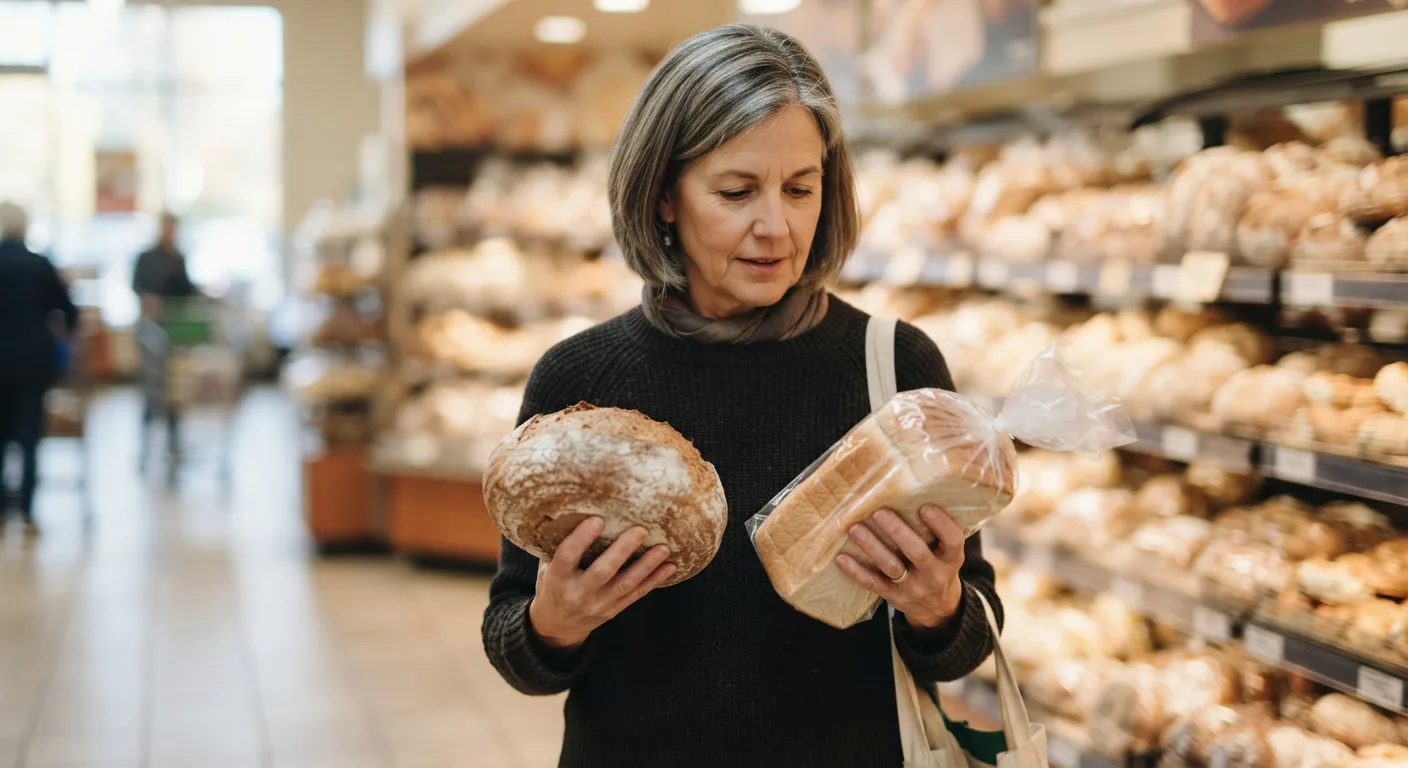 Une personne compare un pain classique et un pain sans gluten dans un rayon boulangerie de supermarché