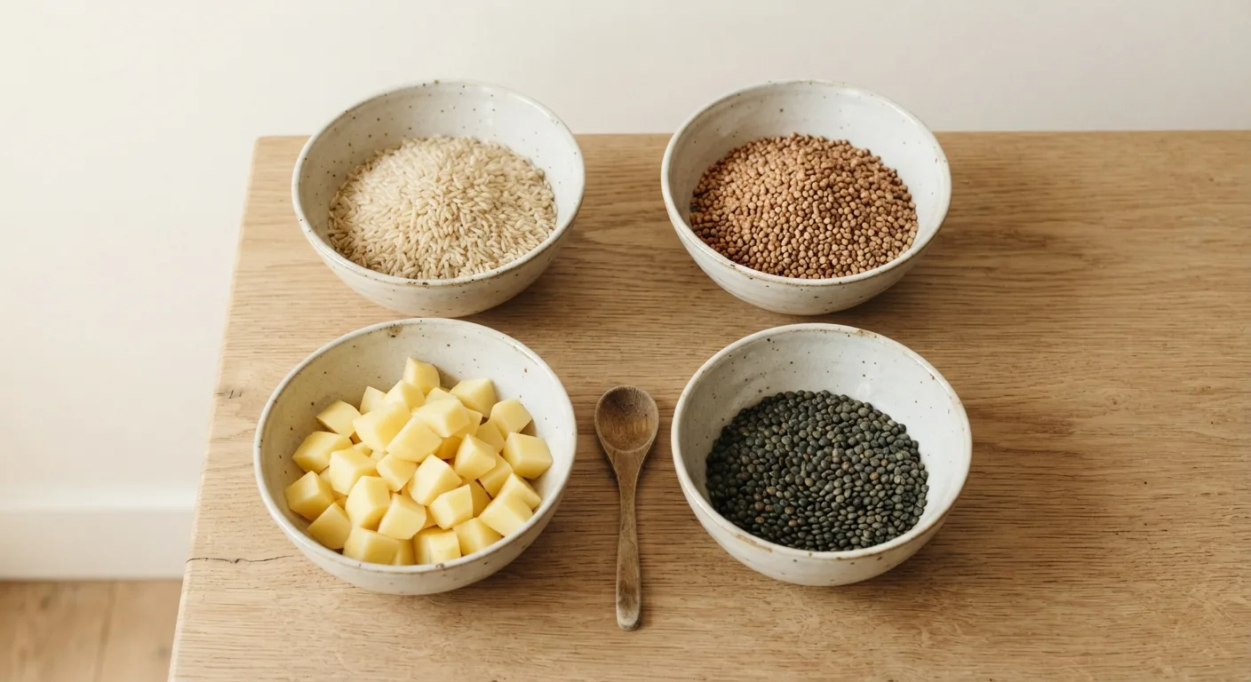 Bols de riz, sarrasin, pommes de terre et lentilles disposés sur une table en bois