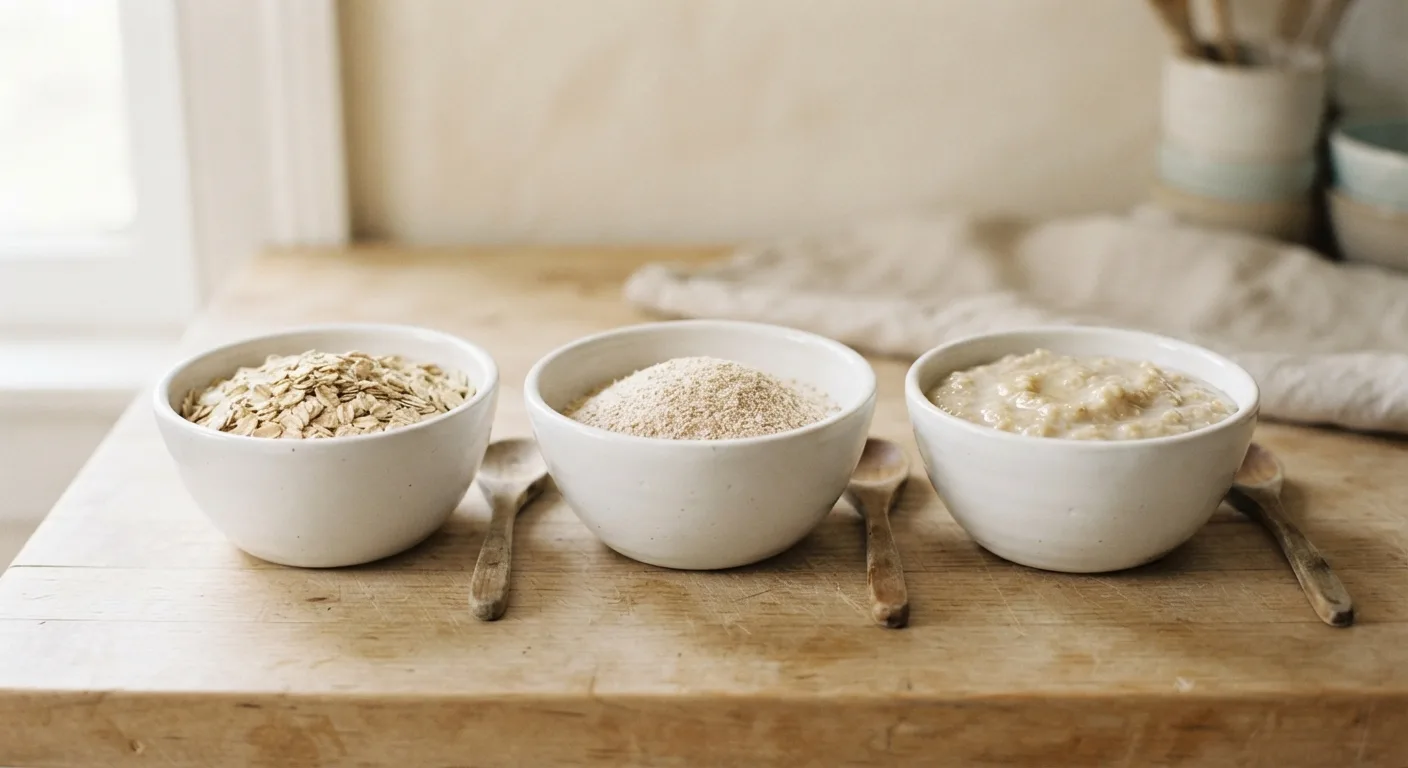Trois bols côte à côte contenant des flocons d'avoine nature, du son d'avoine et un porridge instantané sucré