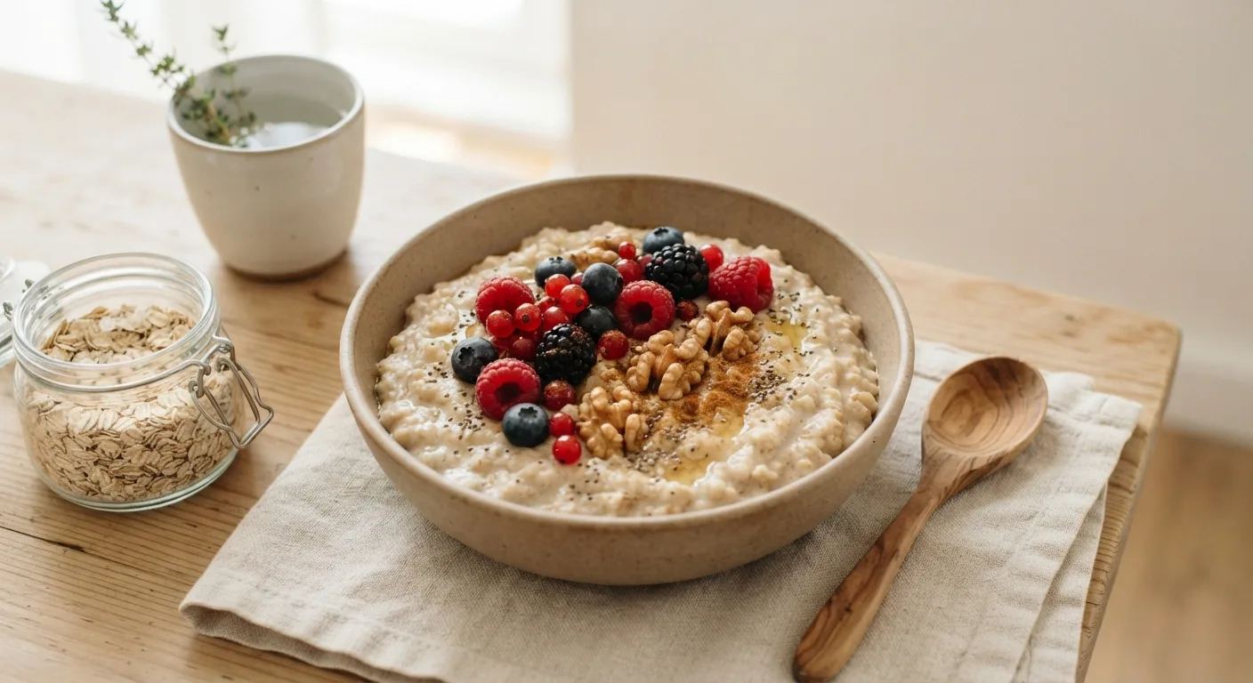Un bol de porridge de flocons d'avoine garni de fruits rouges et de noix sur une table de petit-déjeuner
