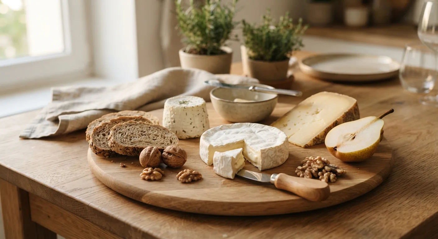 Un plateau de fromages variés avec du pain complet, des noix et une poire
