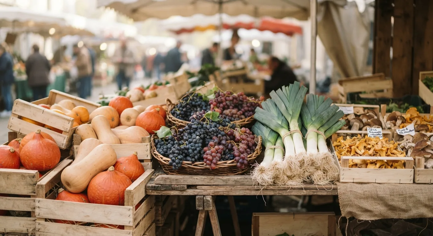 Un étal de marché d'automne garni de courges, de raisins, de poireaux et de champignons