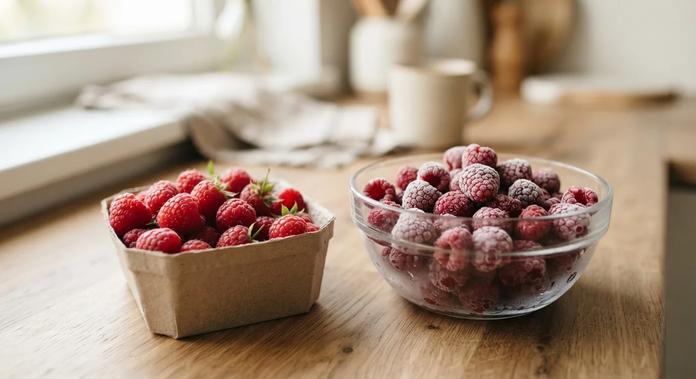 Des framboises fraîches dans une barquette à côté d'un bol de framboises surgelées givrées