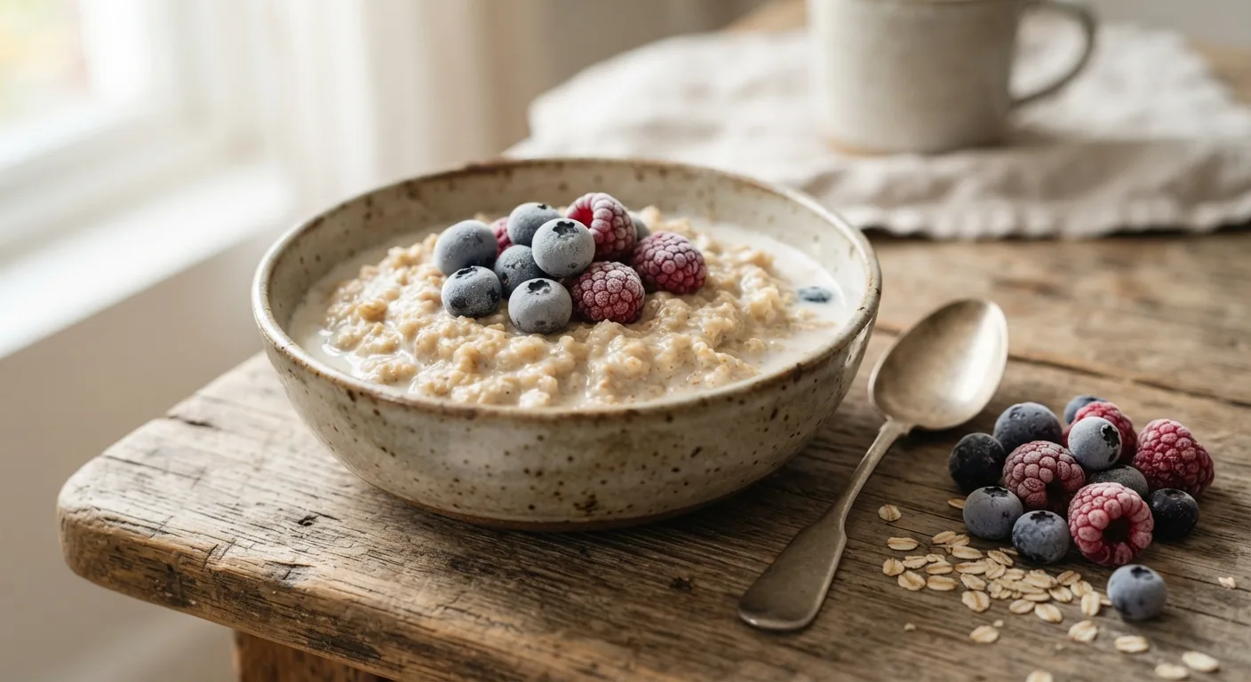 Un bol de porridge aux flocons d'avoine garni de myrtilles et de framboises encore givrées