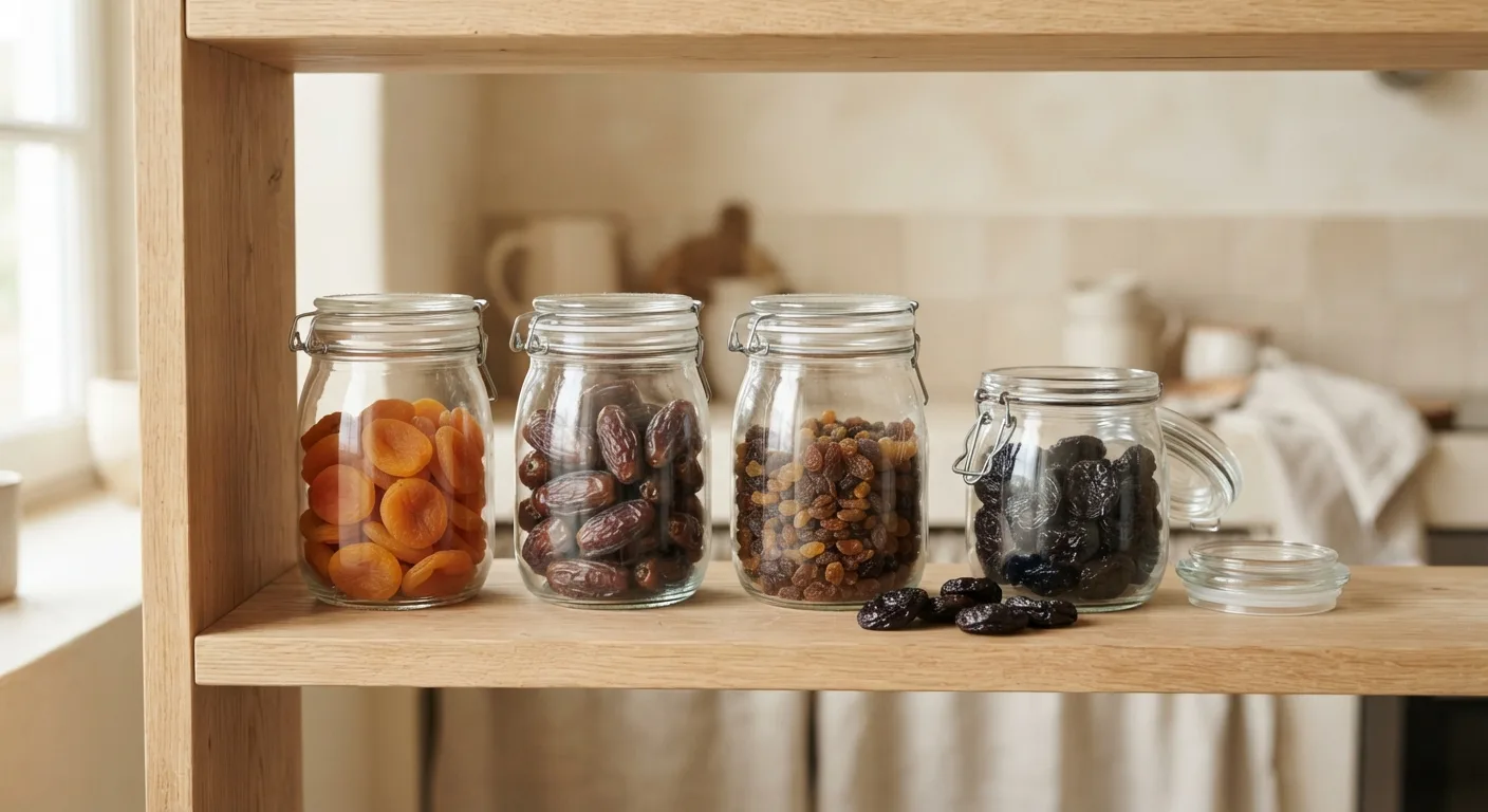Des bocaux en verre remplis d'abricots secs, de dattes, de raisins secs et de pruneaux sur une étagère en bois