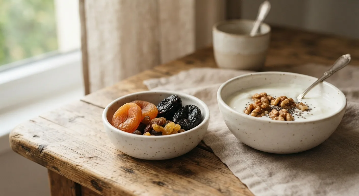 Une petite coupelle contenant deux abricots secs, quelques raisins secs et deux pruneaux, à côté d'un yaourt nature et de noix