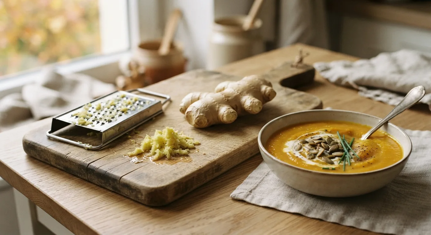 Une racine de gingembre frais entière et râpée sur une planche en bois, à côté d'un bol de soupe de potimarron