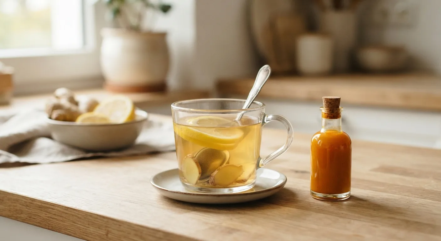 Une infusion maison au gingembre et au citron à côté d'une petite bouteille de shot de gingembre du commerce