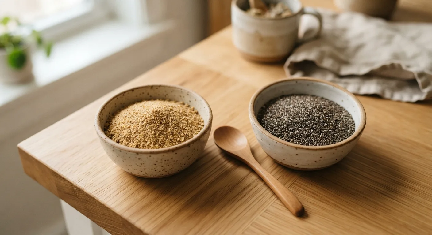 Deux bols côte à côte, l'un de graines de lin moulues, l'autre de graines de chia, avec une cuillère à soupe