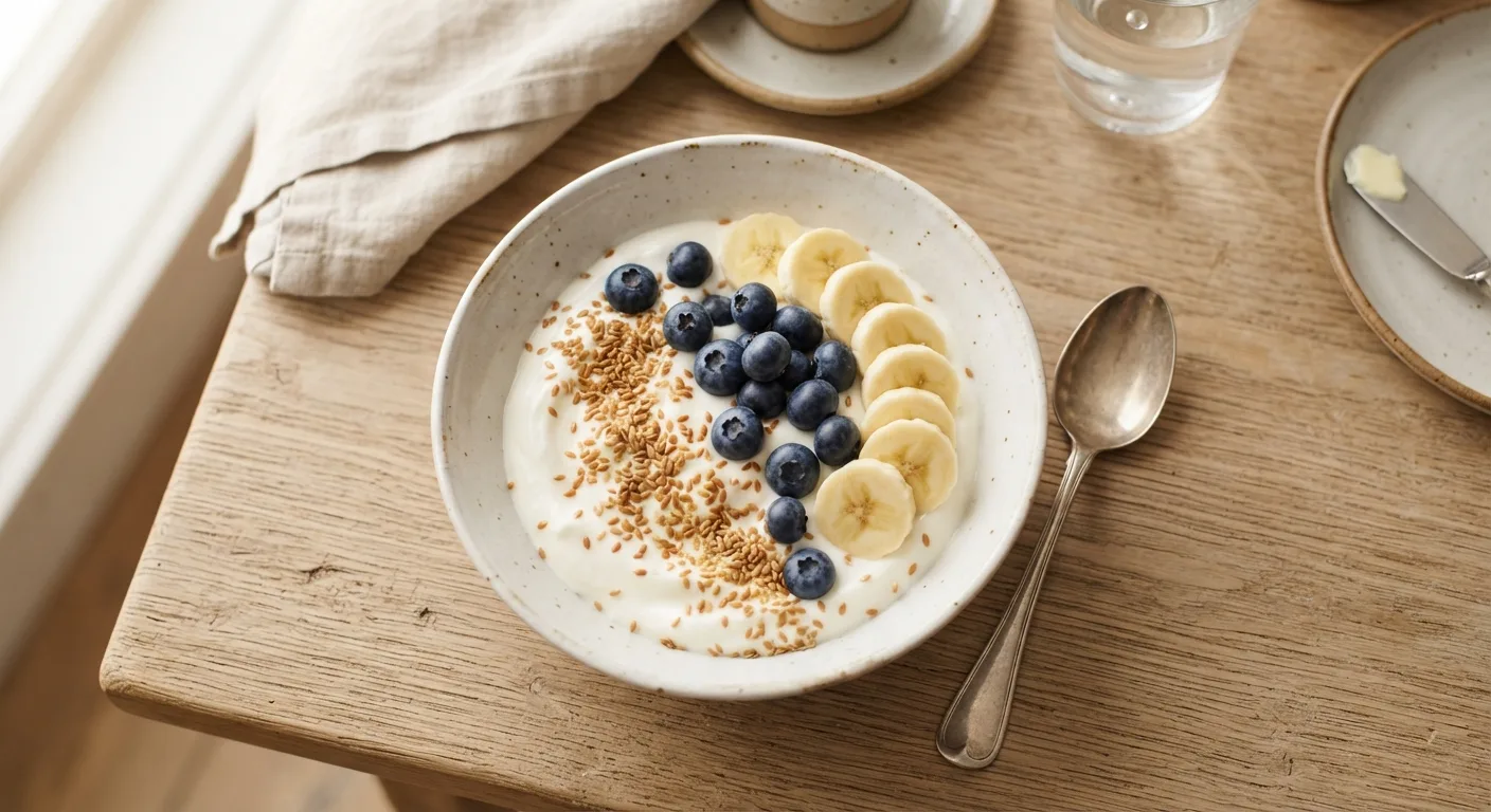Un yaourt nature garni de graines de lin moulues et de fruits frais pour le petit-déjeuner