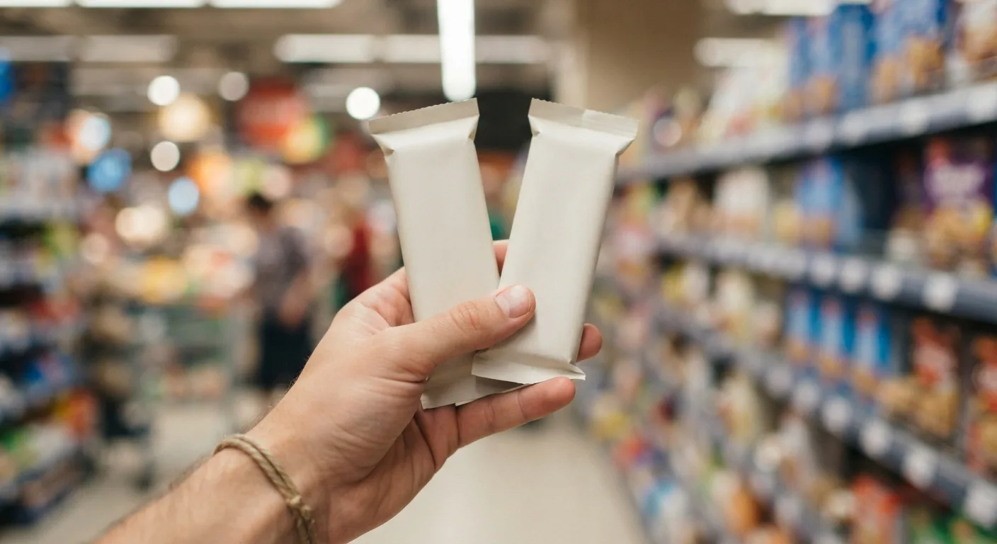Deux barres de céréales emballées tenues côte à côte dans une main au rayon d'un supermarché