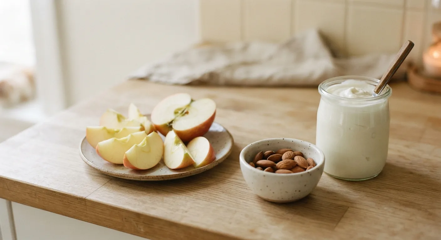 Une collation posée sur un plan de travail, composée d'une pomme coupée, d'une poignée d'amandes et d'un yaourt nature