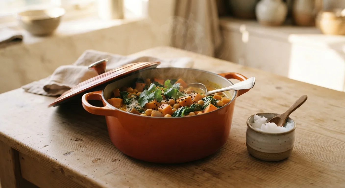 Un curry de légumes mijoté dans une cocotte, plat où l'huile de coco apporte son parfum