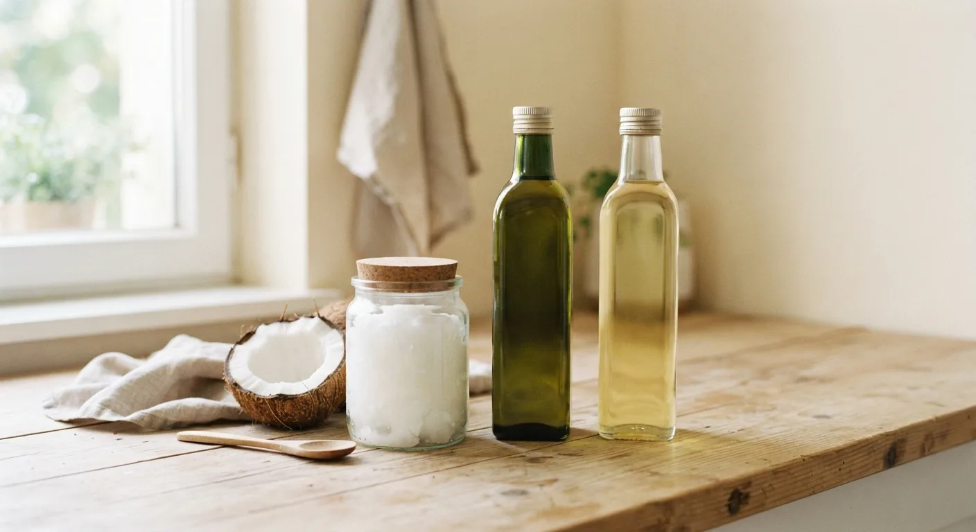 Un pot d'huile de coco à côté d'une bouteille d'huile d'olive et d'une bouteille d'huile de colza sur un plan de travail