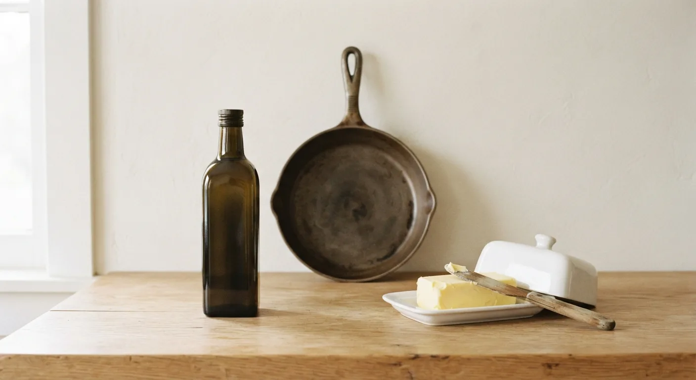 Une bouteille d'huile d'olive et une plaquette de beurre posées côte à côte près d'une poêle sur un plan de travail